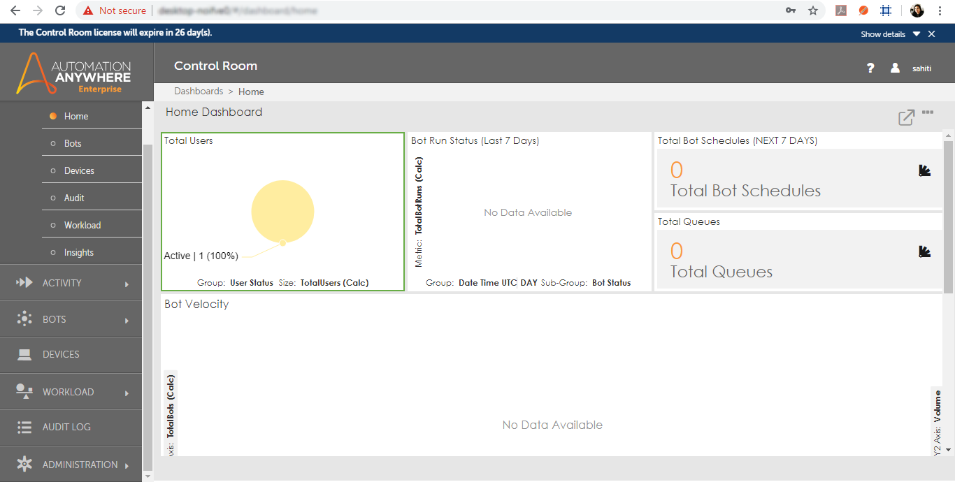 Dashboard of Automattion Anywhere software