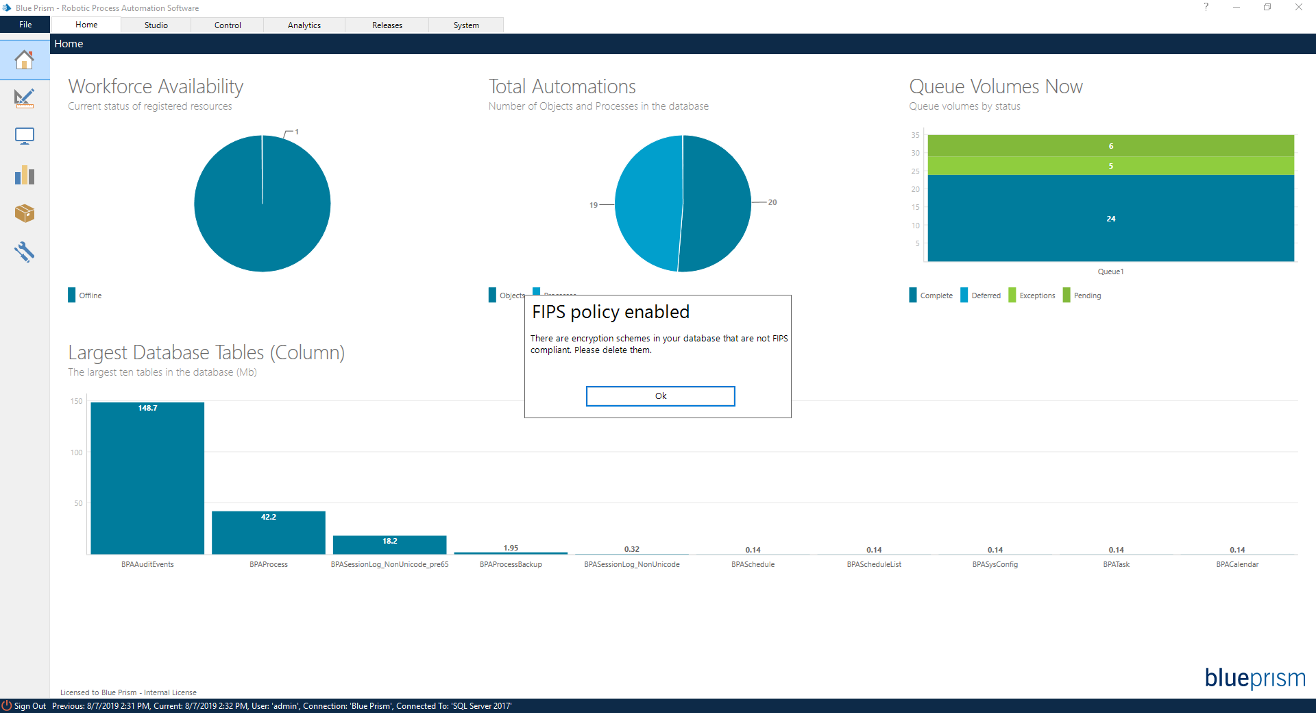 Dashboard of Blue Prism software