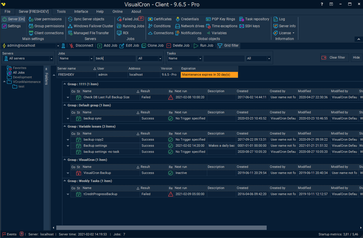 Dashboard of Visual Cron software